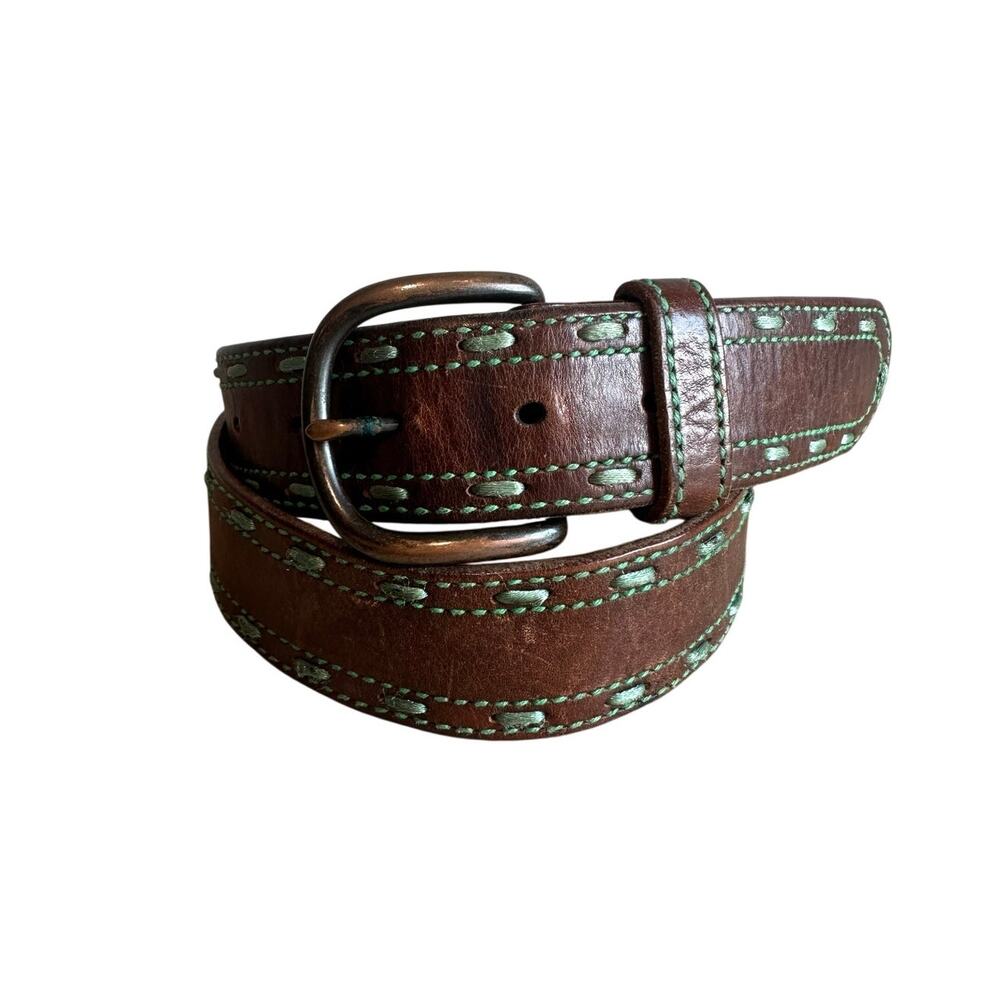 American Eagle Vintage Leather and Green Contrast Stitch Belt Brown S